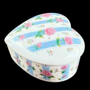 Ceramic Trinket Box Winter Rose Heart-Shaped Blue Stripes Studio Nova